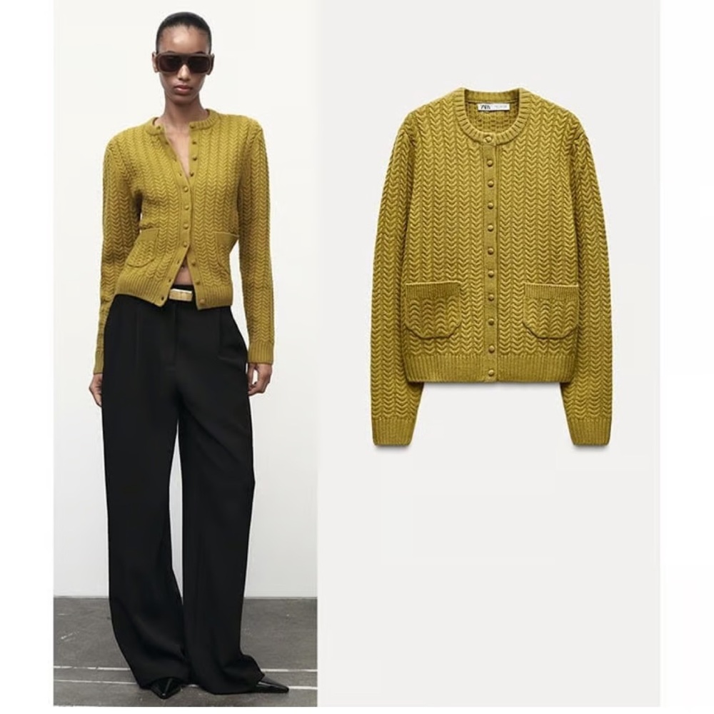 Zara Olive Cable Knit Cardigan - Picture 1 of 5